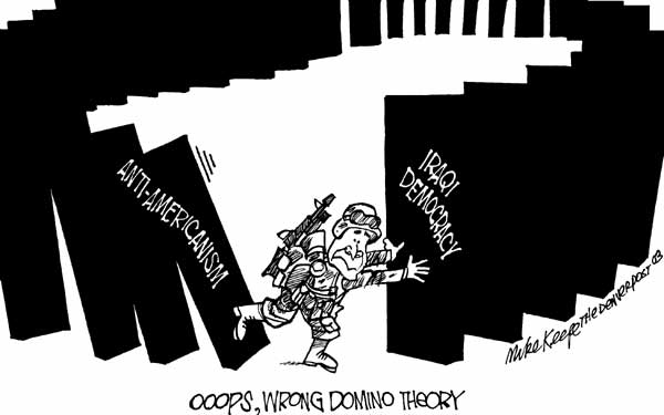 Wrong Domino Theory - Mike Keefe Political Cartoon, 04/02/2003 Wrong Domino Theory - Mike Keefe Political Cartoon, 04/02/2003