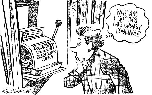 Uneasy about E-Voting - Mike Keefe Political Cartoon, 11/01/2004 Uneasy about E-Voting - Mike Keefe Political Cartoon, 11/01/2004