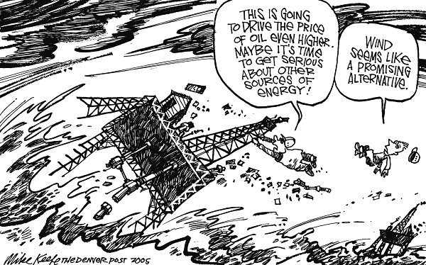 Hurricane Katrina and Oil Prices - Mike Keefe Political Cartoon, 08/31/2005