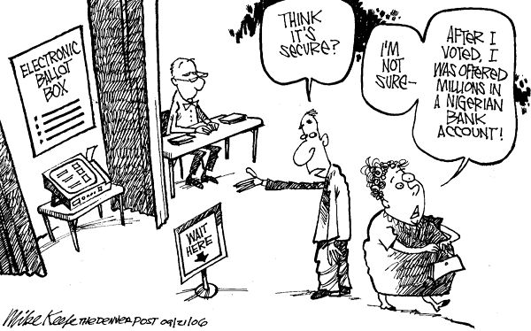 Electronic Voting Machines - Mike Keefe Political Cartoon, 09/21/2006 Electronic Voting Machines - Mike Keefe Political Cartoon, 09/21/2006