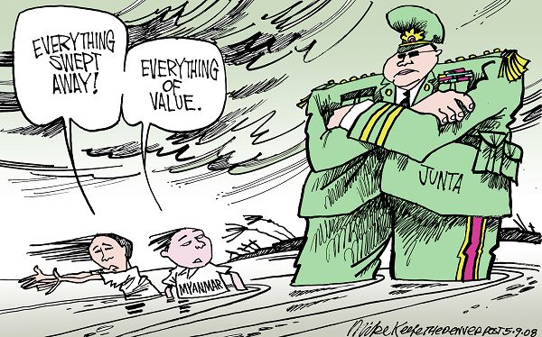 Myanmar Typhoon - Mike Keefe Political Cartoon, 05/09/2008 Myanmar Typhoon - Mike Keefe Political Cartoon, 05/09/2008