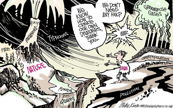 Manmade and Natural Disasters - Mike Keefe Political Cartoon, 05/15/2008
